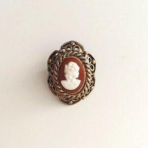 Vintage antiqued brass tone red and white cameo scarf ring / brooch / pin